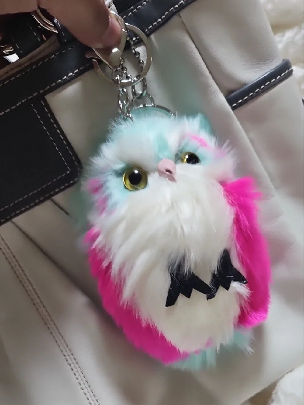 Source Unknown Pink & Turquoise Furry Owl Keychain. New No Tag